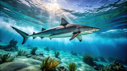 Fototapeta premium Shark's sleek, triangular dorsal fin slices through turquoise ocean water, leaving a trail of bubbles in its powerful, efficient swim through the coral reef ecosystem.