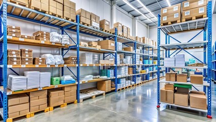 Shelves stocked with boxes of medical equipment, gloves, and syringes line the walls of a clean and organized medical supply warehouse with a tile floor.