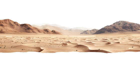 Fototapeta na wymiar A vast desert landscape with rolling sand dunes and distant mountains, isolated on white background, transparent background.