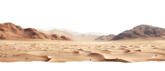A vast desert landscape with rolling sand dunes and distant mountains, isolated on white background, transparent background.