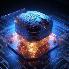 A glowing AI-powered chip integrated into a human brain, symbolizing the merging of human and machine intelligence