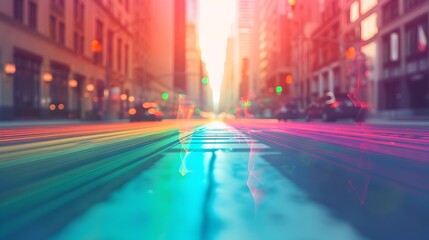Obraz premium Blurred motion of Vibrant Rainbow Waves Swirling Across a Futuristic City Street