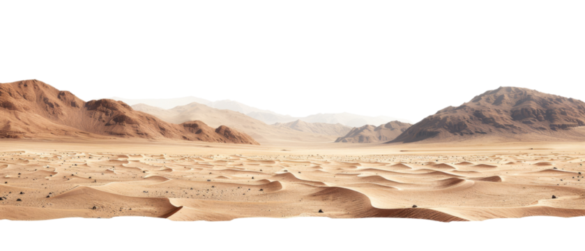 A vast desert landscape with rolling sand dunes and distant mountains, isolated on white background, transparent background.