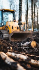 Fototapeta premium Heavy machinery works to clear fallen logs in a wooded area, preparing the site for upcoming construction