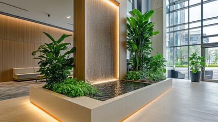 Obraz premium A tranquil indoor space showcasing a decorative water wall surrounded by vibrant plants