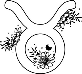 Taurus zodiac sign with flowers, on white background