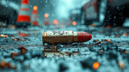 Bullet with red tip lying on wet asphalt with blurred cars and traffic cones in the background
