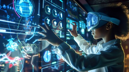 Obraz premium A child wearing a VR headset interacts with a digital interface displaying data and graphics.