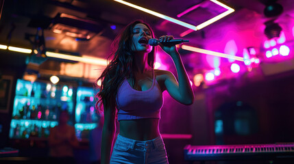 Attractive woman singing a song in karaoke bar. Beautiful girl with microphone in her hand on stage. Neon night club background