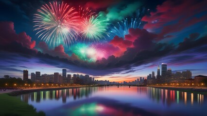 Colorful fireworks over cityscape at night with reflection in water. Illustration