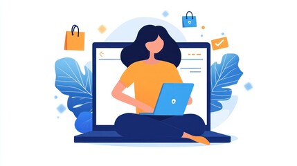 Woman Sitting on Laptop with Shopping Bags and Check Mark Surrounding Her