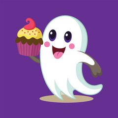 "Retro Ghost with a Cupcake: Vintage-Inspired Design Featuring a Playful Ghost and Detailed Frosted Treat for Halloween or Party Decorations"
