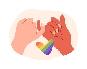 Two hands holding little fingers with a rainbow flag heart symbolize the unity LGBT