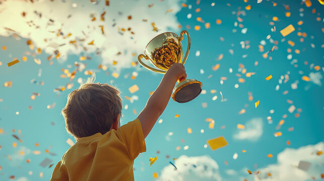 Kid holding a gold trophy in his hand. Beautiful sky background with clouds and confetti. Winner child