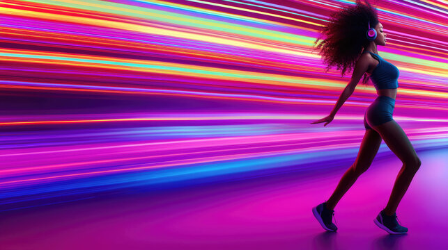 Attractive woman in headphones dancing on abstract neon background. Futuristic concept. Fitness lessons