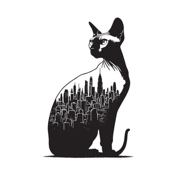 recommend clip art: silhouette of Sphynx cat, filled with cityline in rough drawing, minimalist,