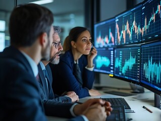 Naklejka premium Diverse Team of Financial Analysts Collaborating on Market Trends and Insights