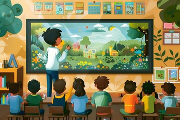 A classroom scene where a boy presents a colorful nature painting to attentive classmates.