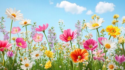 Fototapeta premium A Symphony of Spring Blooms: Vibrant wildflowers dance in a sun-kissed meadow, a breathtaking tapestry of color against a cerulean sky. 