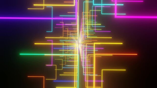 the camera will fly through a dark tunnel with glowing multi-colored squares. 3d render looped animation
