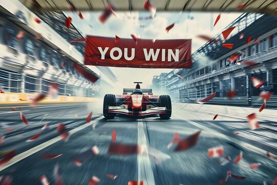 A finish line scene with a racecar zooming past the finishing line