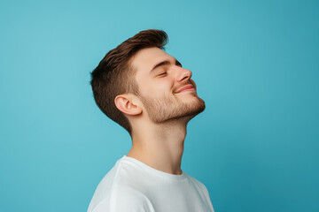 A close up of a man's face with his eyes closed