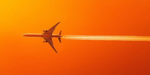 Airplane in Orange Sky. A commercial airplane flies through an orange sky, leaving a white contrail behind it.