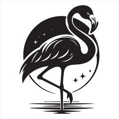 A black flamingo in silhouette standing with its head turned in the water