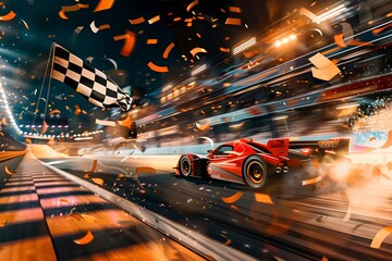 A creative composition of a race car crossing the finish line with a checkered flag waving in the background, confetti flying, and a digital scoreboard displaying the race time, leaving ample space fo