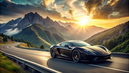 Fototapeta premium Sleek, black luxury sports car speeds down a winding mountain road, sunlit mist swirling around it, majestic mountains rising in the distance.