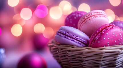 mouth-watering, fresh pink and light pink and light violet macaroons in a wicker basket in the background Christmas lights