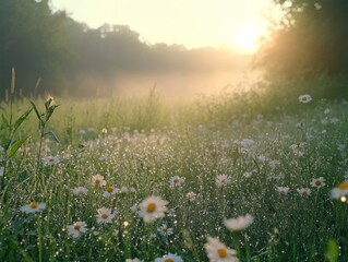Fototapeta premium Serene Sunrise OverDew-kissed Meadow FilledWildflowers and Tranquility