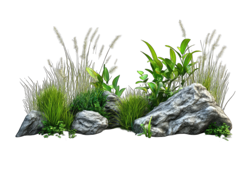 A rock garden with grass and plants - Powered by Adobe