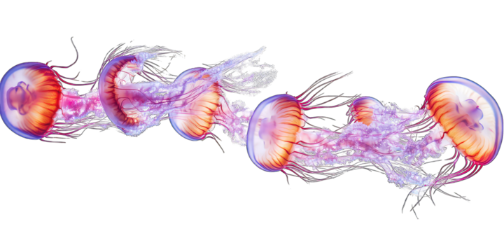 A line of jellyfish with pink and orange bodies