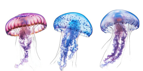 Three jellyfish are shown in different colors, with one being purple