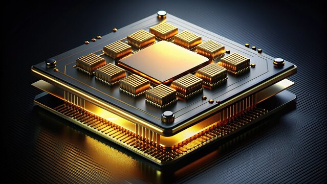 Sleek, high-performance processor unit with gold connectors and microcircuits, illuminated on a dark background, showcasing advanced technology and computational power.