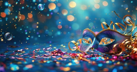 A colorful mask is on a blue background with lots of glitter