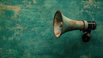 Fototapeta premium Vintage Green Rusty Megaphone on Teal Wooden Background