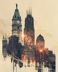 Obraz premium Allentown Skyline Art: City Icons in Vibrant Hue - A city skyline with a clock tower