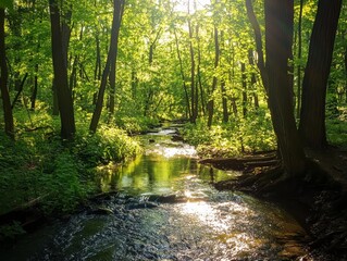 Obraz premium Tranquil Summer Forest SceneSunlight Filtering Through Lush Greenery