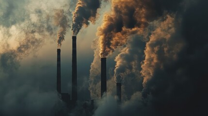 Obraz premium Thick smoke billows from multiple factory chimneys as dusk settles, creating an ominous atmosphere