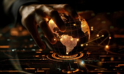 Fototapeta premium A hand is reaching for a globe that is glowing with a bright orange light. Concept of curiosity and wonder as the hand reaches out to touch the glowing sphere