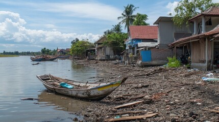 Fototapeta premium A Row of Homes on a Riverbank with Boats and Debris