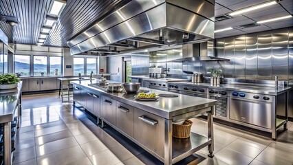 Sleek, modern commercial kitchen with sparkling stainless steel appliances, polished countertops, and spotless floors, epitomizing cleanliness and efficiency in a busy restaurant setting.