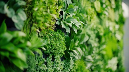 A vibrant display of various green plants arranged vertically on a wall, showcasing their natural beauty