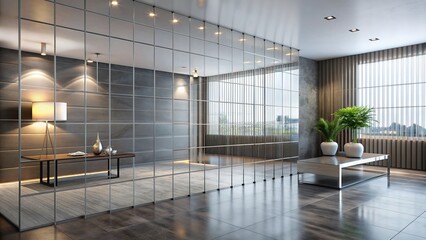 Sleek modern glass panel with subtle reflections and faint grid lines, mounted on a minimalist wall, radiating sophistication and contemporary elegance.
