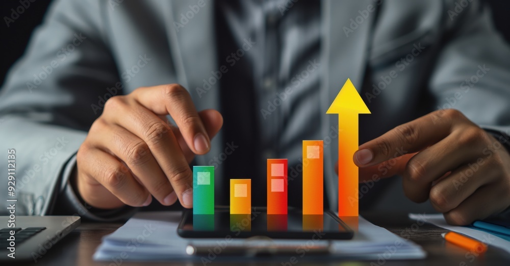 Poster a man is pointing at a graph with a yellow arrow on it. the graph has five bars, each with a differe