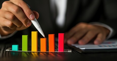 A person is drawing a graph with a pen on a table. The graph has different colored bars, and the person is using a white pen to draw it