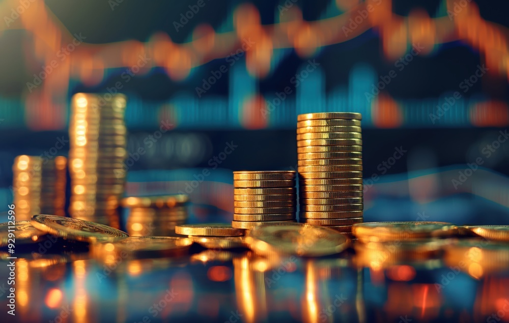 Poster a pile of gold coins on a table with a graph in the background. the coins are stacked on top of each