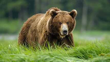 Fototapeta premium A close-up portrait of a brown bear standing in a forest.